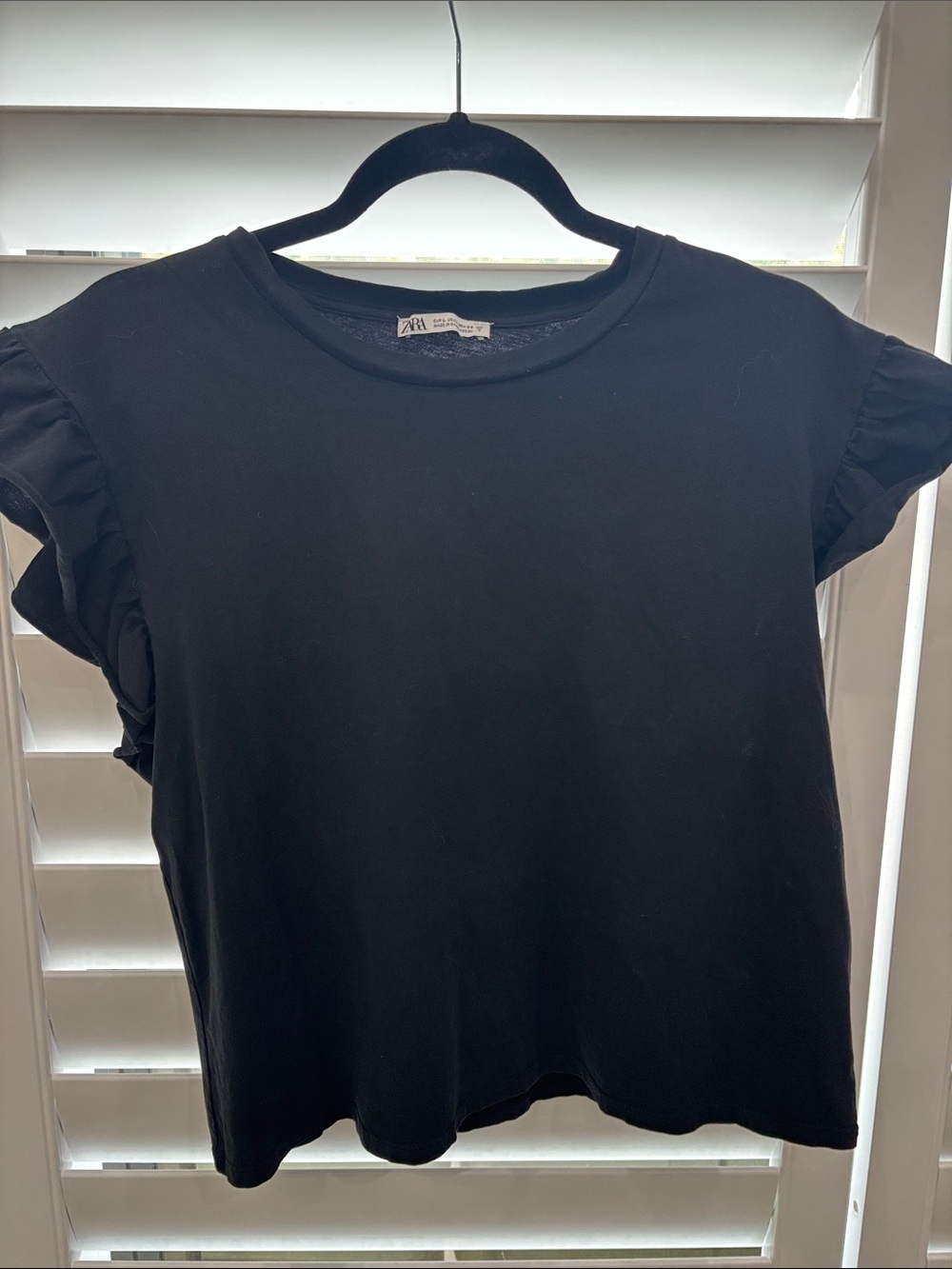 Zara Black Ruffle Cap-Sleeve Crew Tee